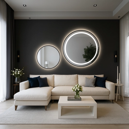 Zestaw okrągłych luster piaskowanych w ramie czarnej MDF SLIM z podświetleniem STELLA LED - kolor ramy do wyboru